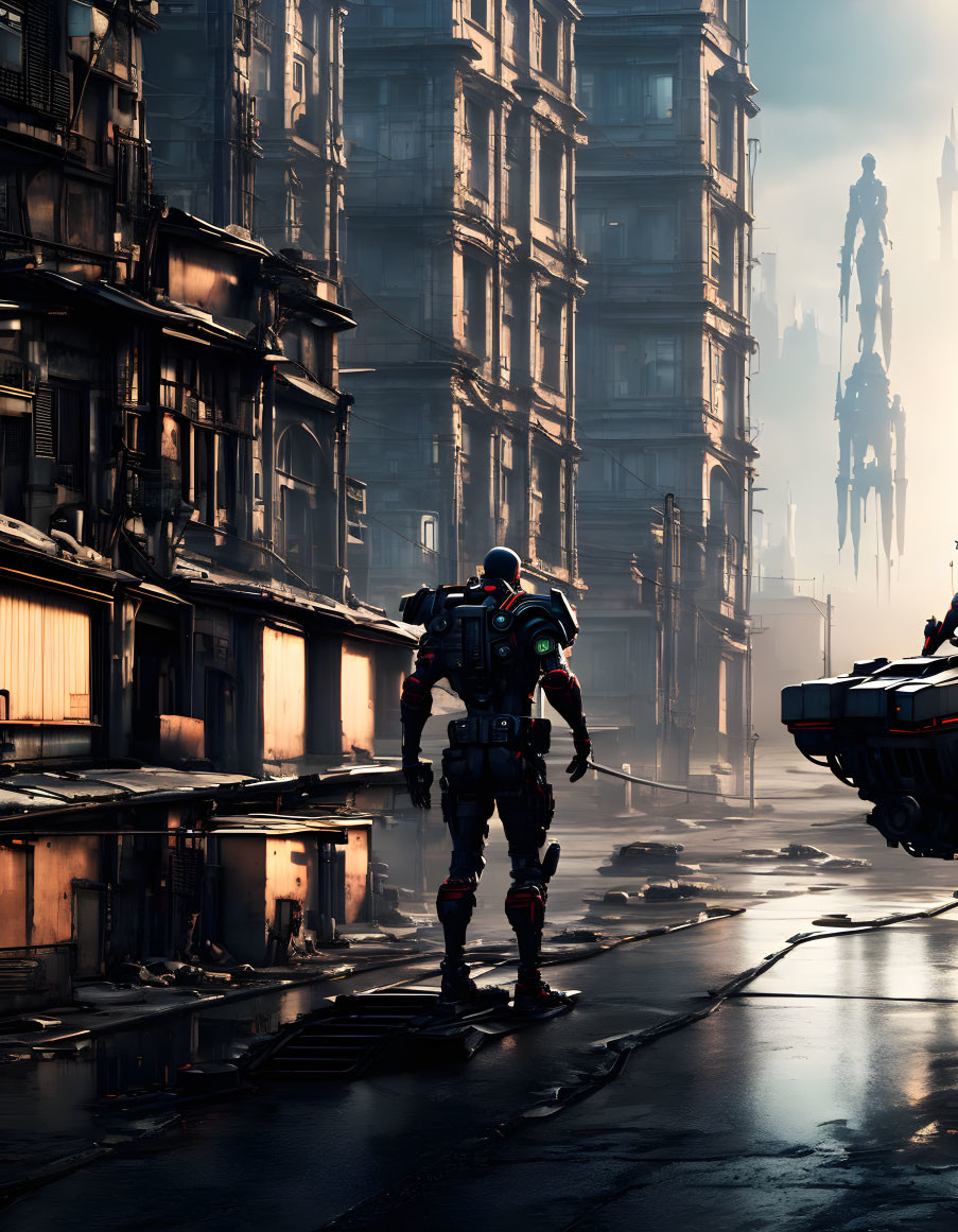 Futuristic soldier in advanced armor on dystopian city street