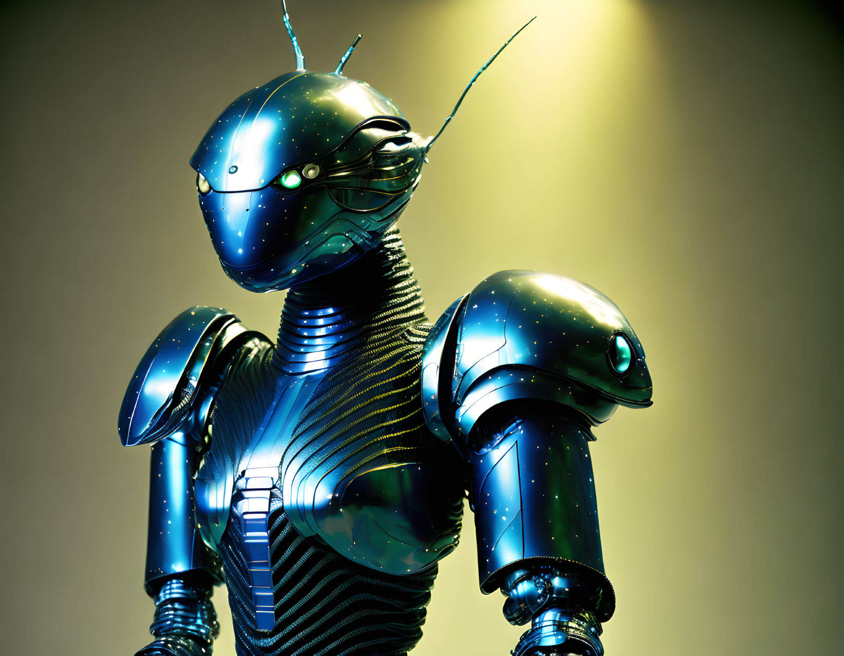 Blue glossy futuristic humanoid robot with segmented joints