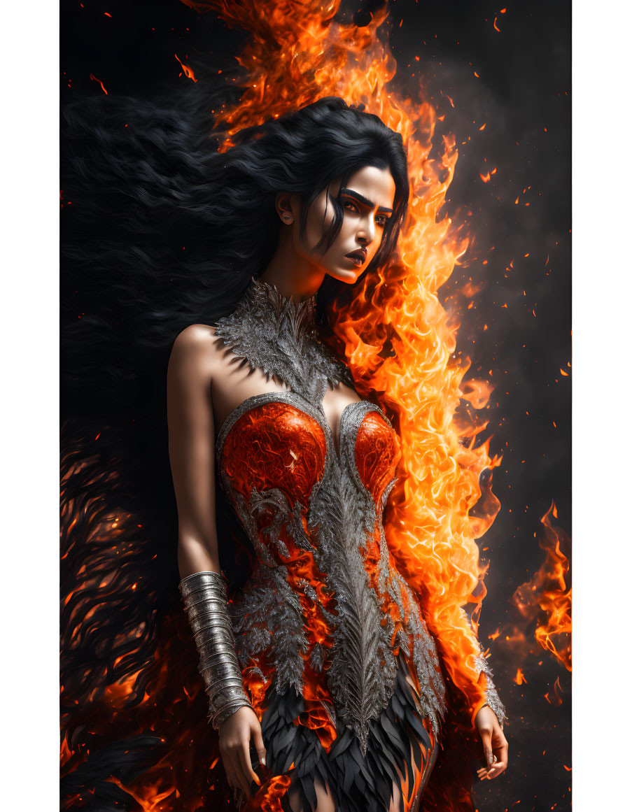 Digital artwork of woman with dark hair and fiery elements, exuding mystical aura