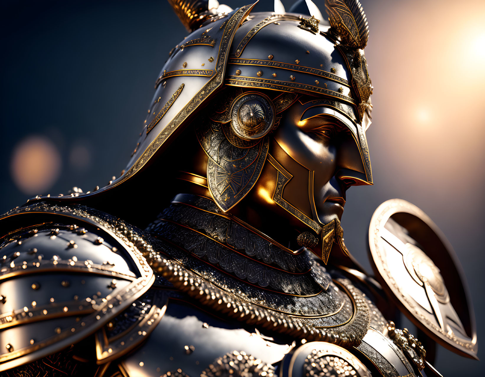 Detailed Black and Gold Knight Armor with Plumed Helmet