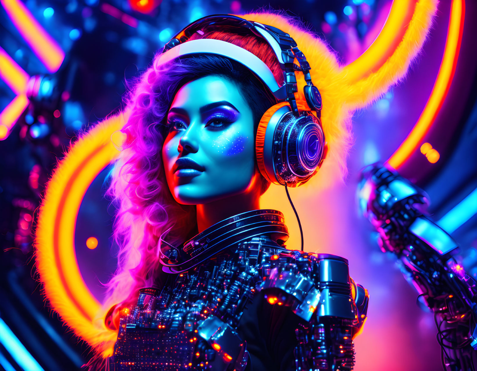 Futuristic Female Android with Neon Lighting and Headphones