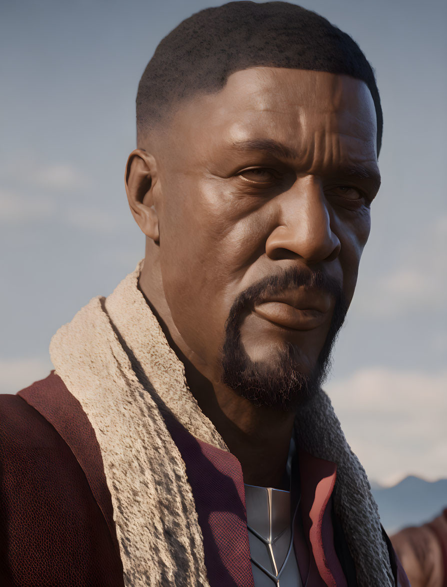 Realistic portrait of man with goatee and scarf in maroon outfit, under cloudy sky