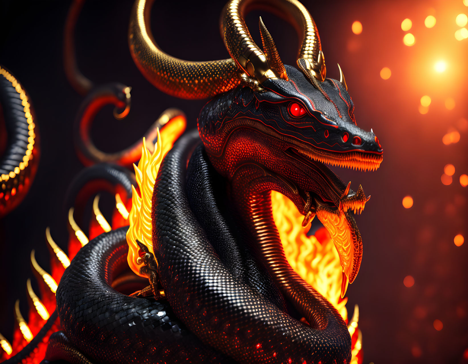 Black and Red Dragon with Glowing Eyes and Flames on Dark Fiery Background