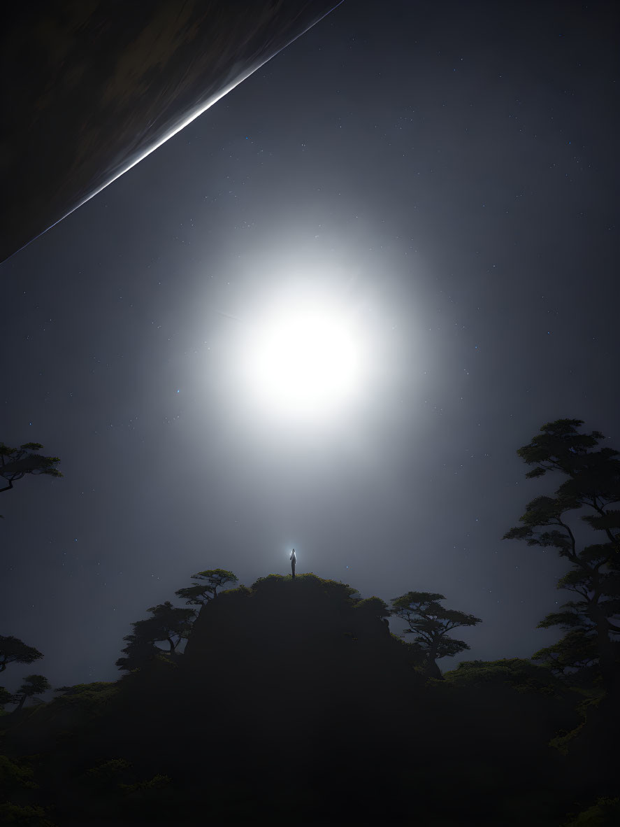 Person standing on hilltop under bright celestial light with starry night sky and silhouetted trees