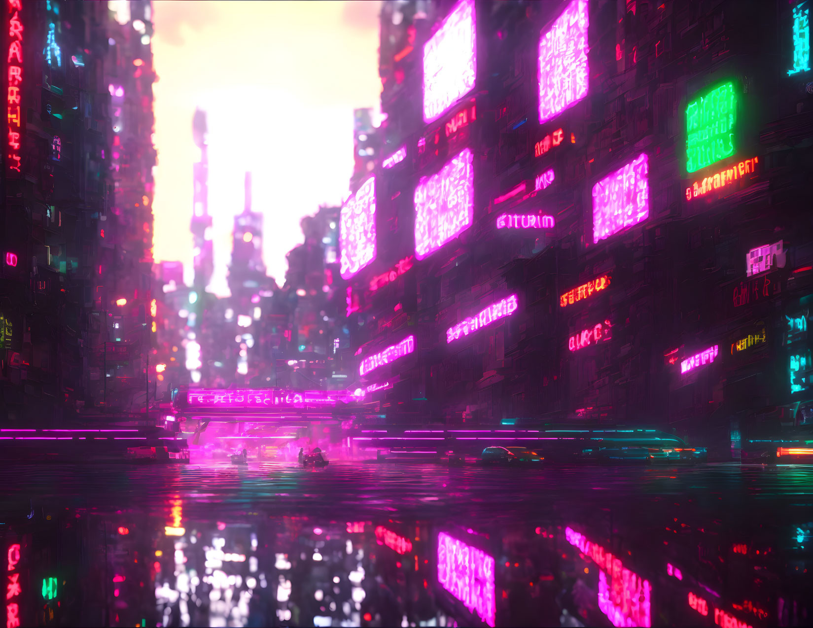 Vivid neon-lit futuristic cityscape at night with reflective billboards.