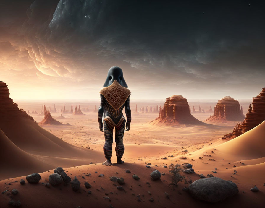 Futuristic figure in desert landscape at twilight