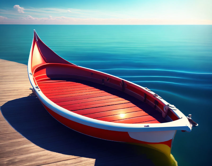 Red and Yellow Canoe on Wooden Jetty by Calm Blue Sea