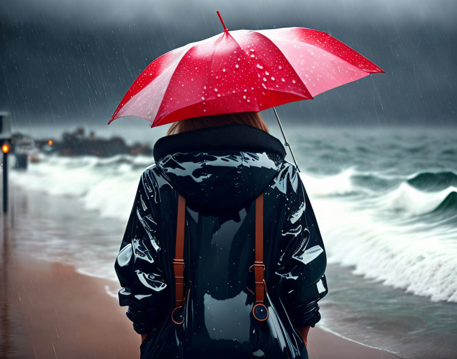 Person in black jacket with red umbrella facing stormy sea under overcast sky