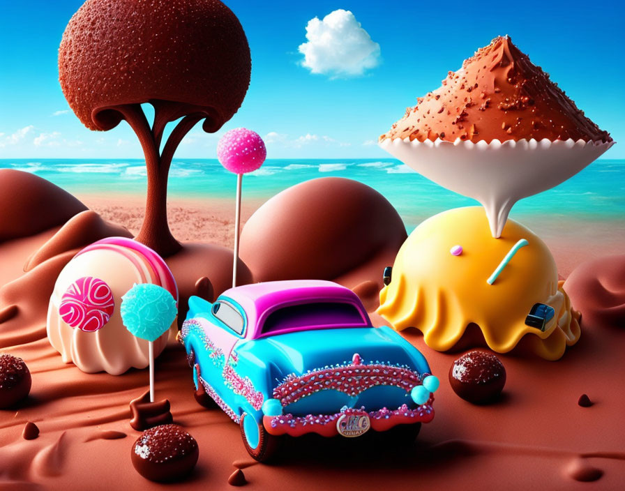 Vibrant surreal landscape with candy-themed elements