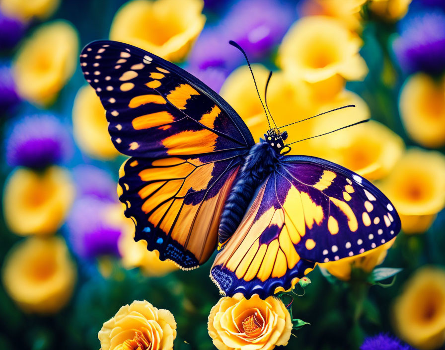 Colorful Monarch Butterfly on Yellow Flowers with Floral Background