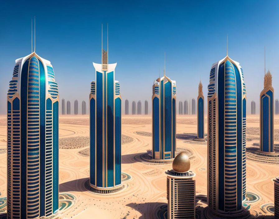 Futuristic desert skyscrapers with blue accents and intricate ground patterns