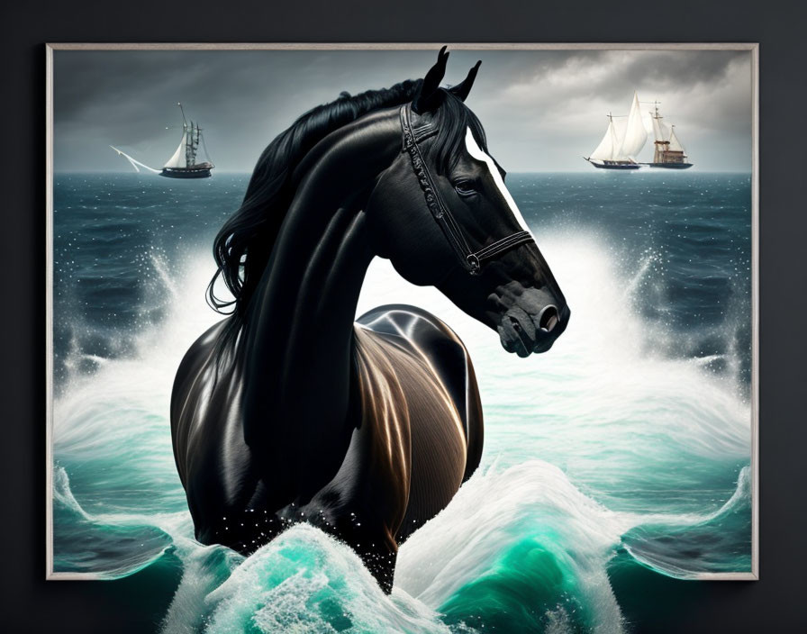 Majestic black horse with stormy sea and ships in surreal image