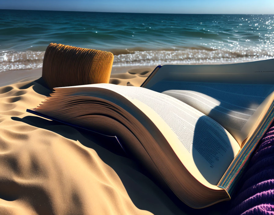 Open Book on Sandy Beach with Sea Waves and Blue Sky