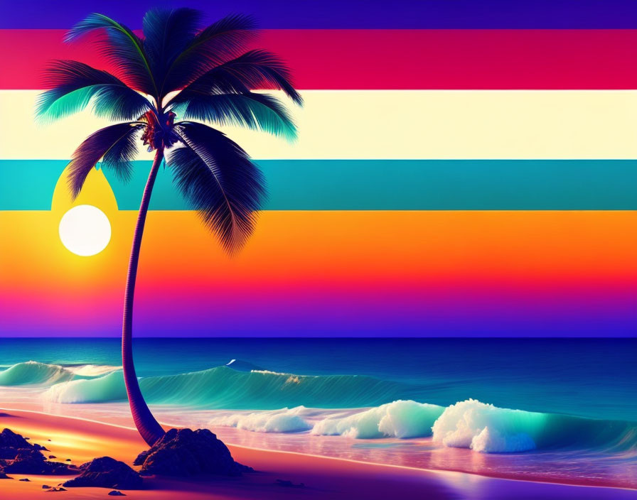 Colorful Beach Sunset Scene with Palm Tree Silhouette and Waves