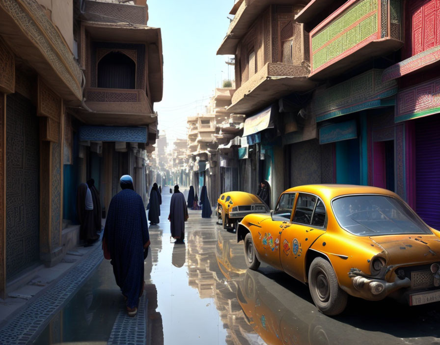 Vibrant street scene with yellow taxis and bustling pedestrians