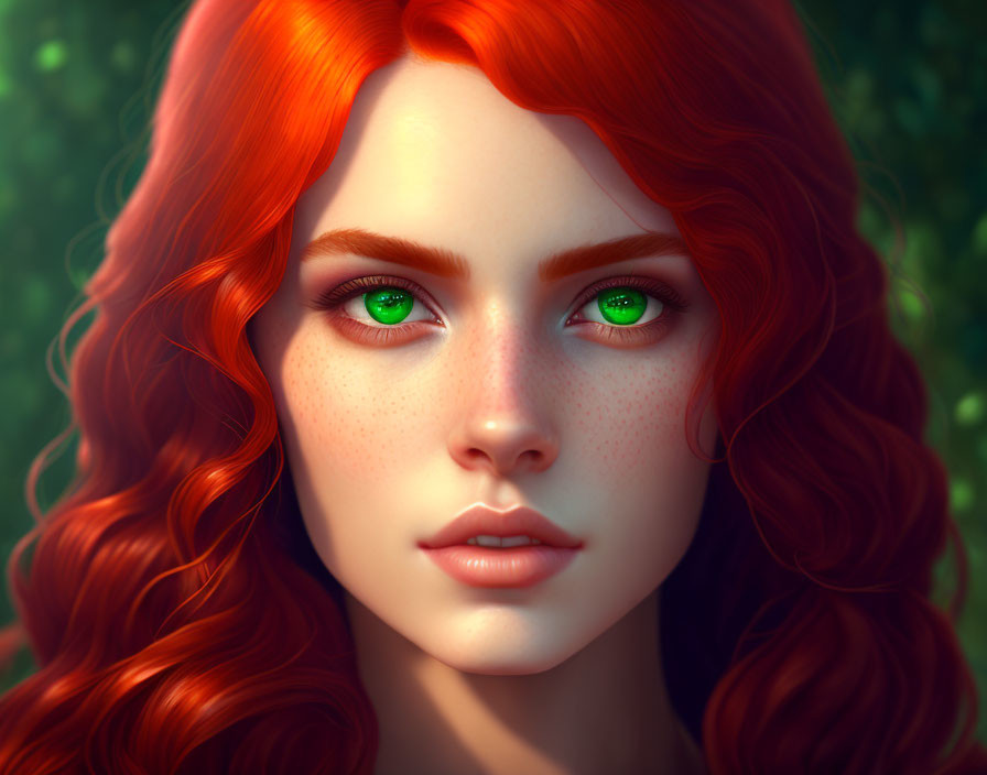 Vibrant red hair and green eyes in digital portrait against lush greenery