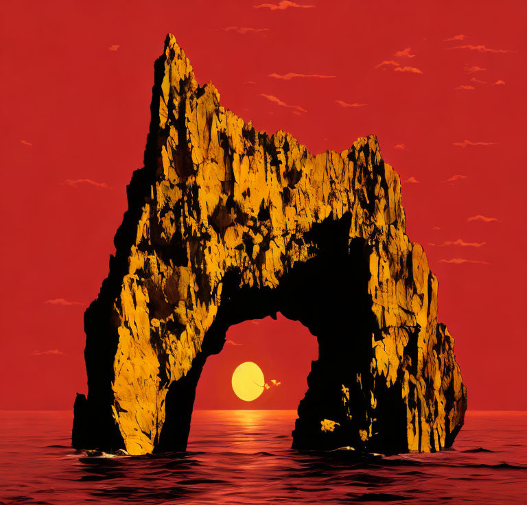 Ocean rock arch with sunset/sunrise through reddish-orange sky