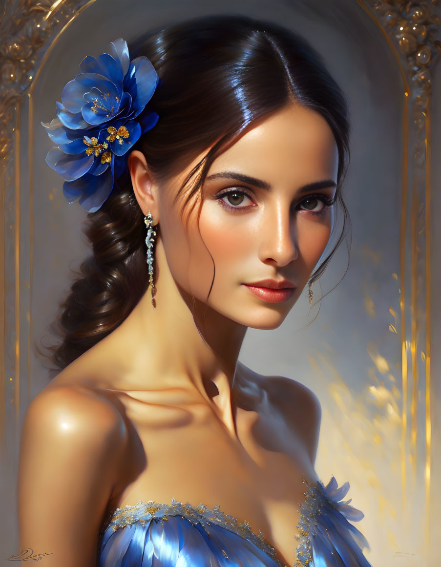 Digital portrait of woman with dark hair, blue flower, and gold-accented blue dress.