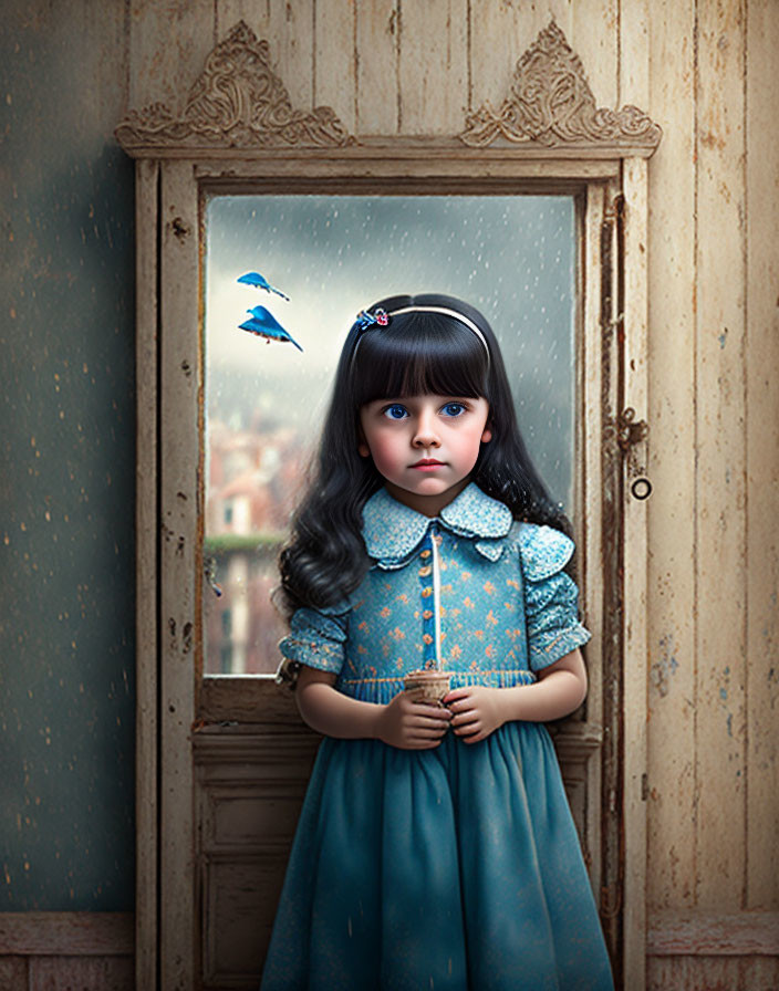 Young girl in vintage blue dress by framed mirror with cityscape reflection and flying blue birds