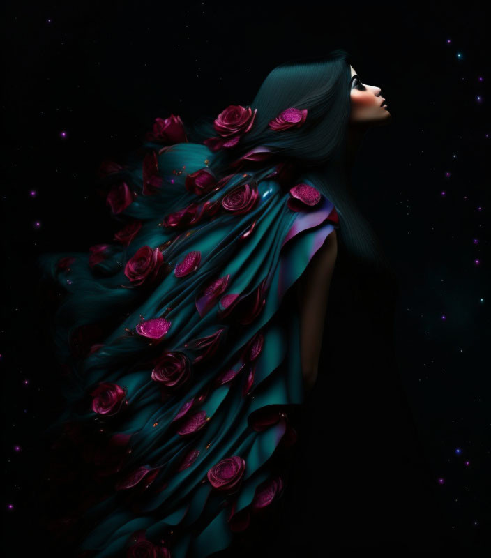 Woman in teal gown with pink roses on starry backdrop