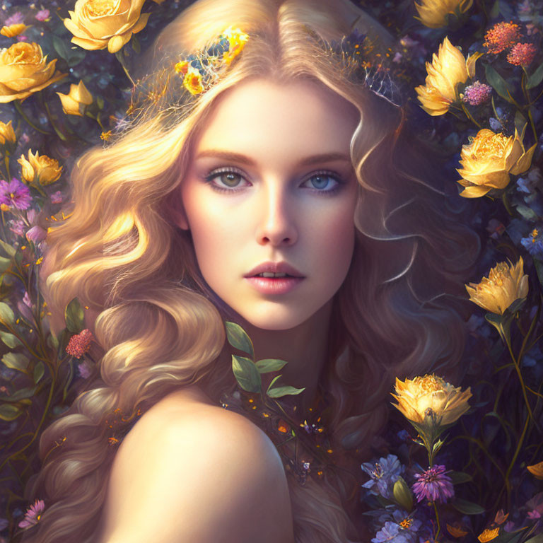 Portrait of woman with voluminous wavy hair and vibrant flowers in mystical golden bloom arrangement