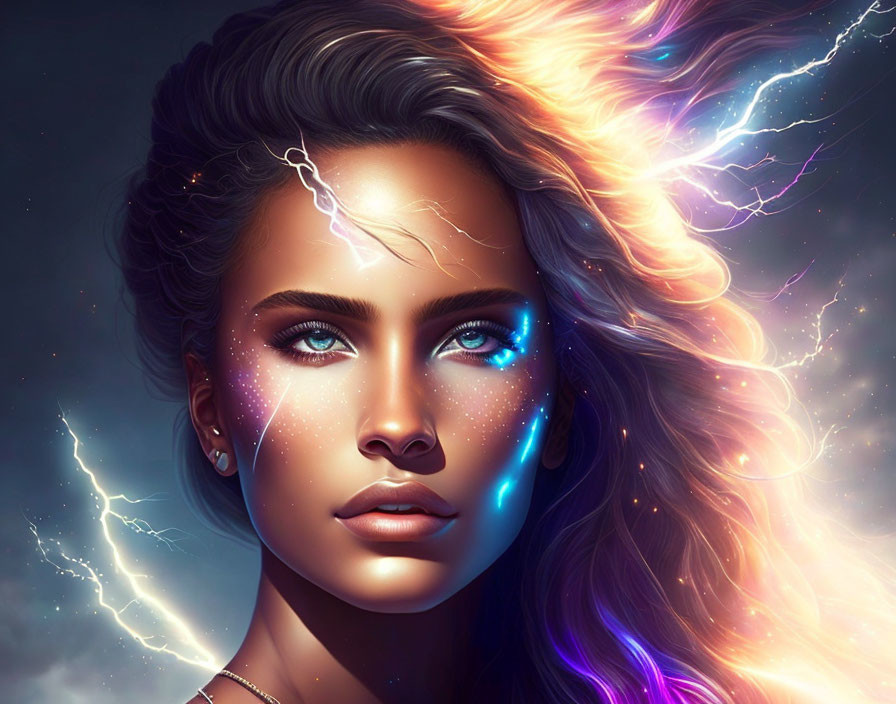 Digital Artwork: Woman with Vibrant Blue Eyes and Cosmic Patterns