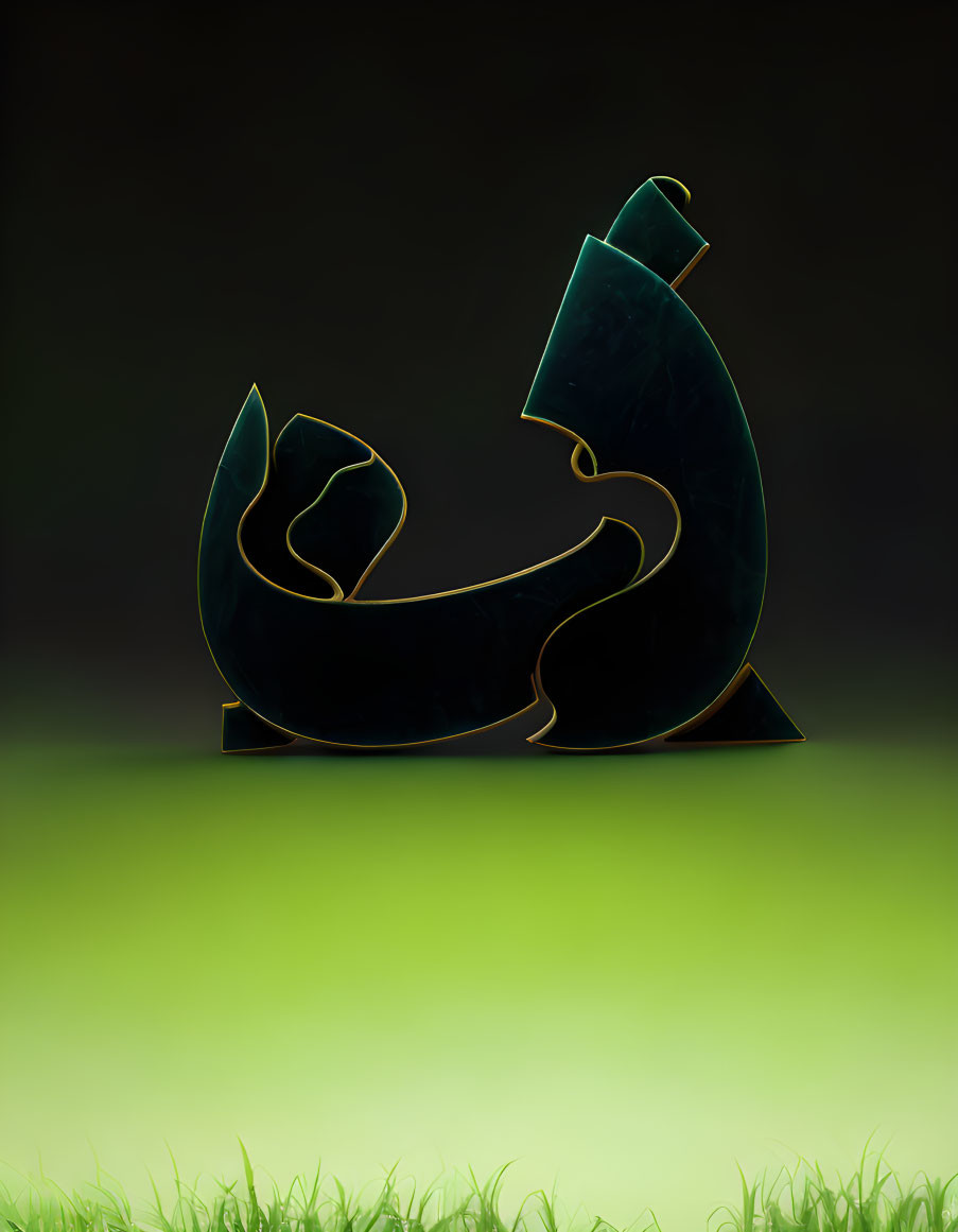 Dark abstract sculpture with glowing edges on greenish background.