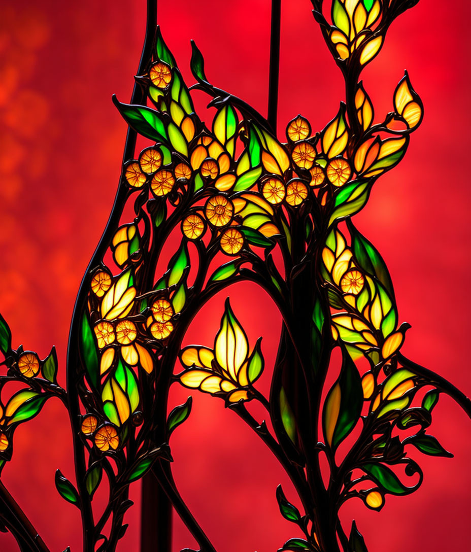 Colorful Stained Glass Artwork Featuring Green and Yellow Floral Patterns on Red Background