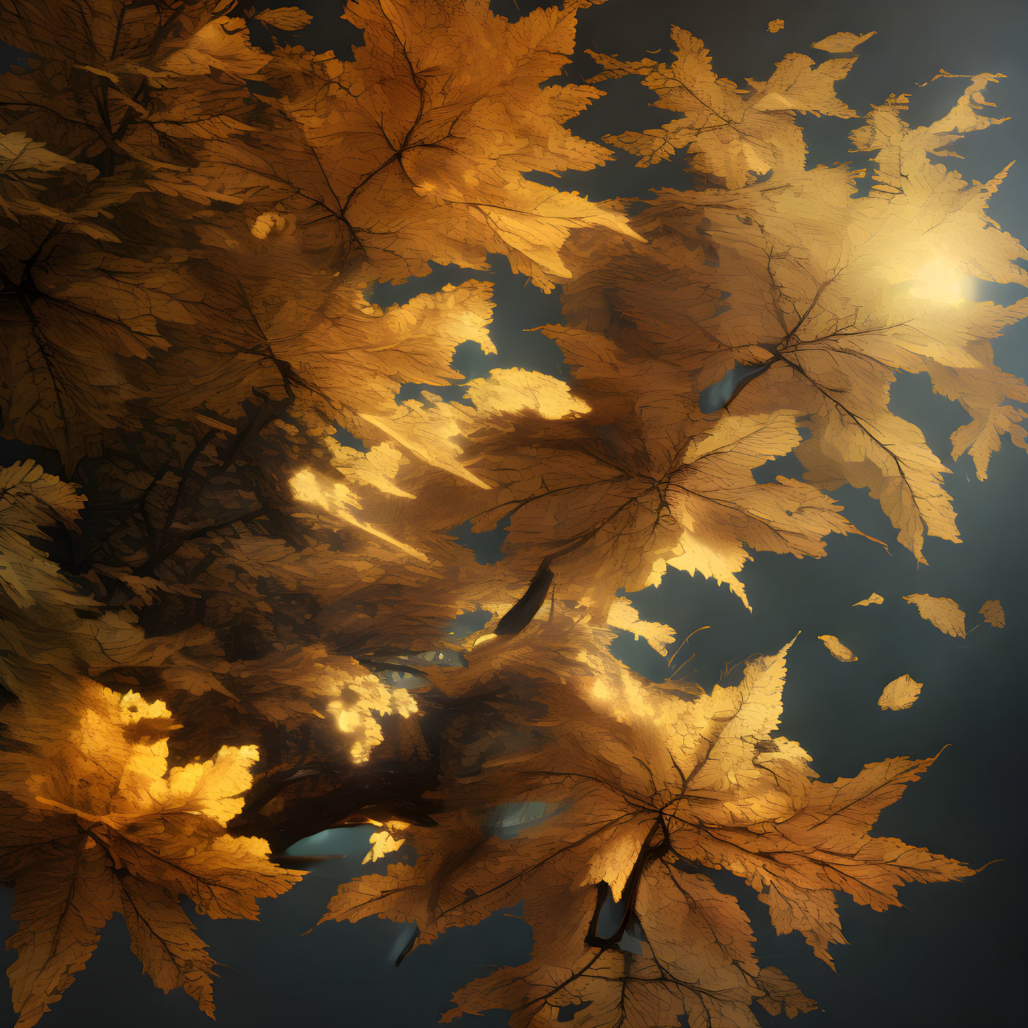 Vibrant golden autumn leaves in sunlight on dark background