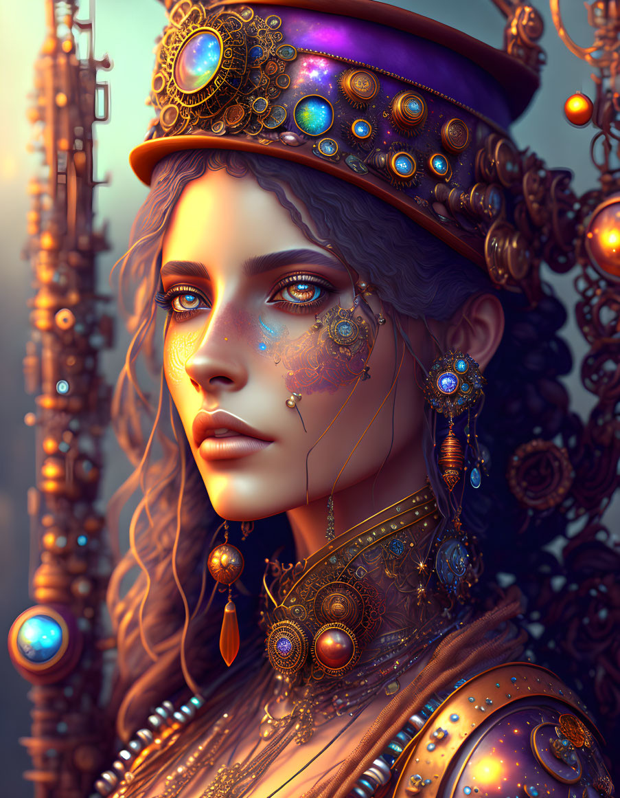 Digital art portrait featuring woman with gold, jewel-encrusted accessories, and mechanical elements.