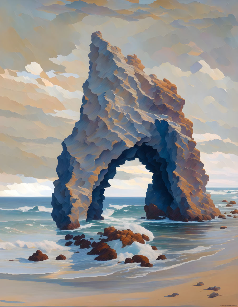 Tranquil beach scene with natural rock arch and gentle waves