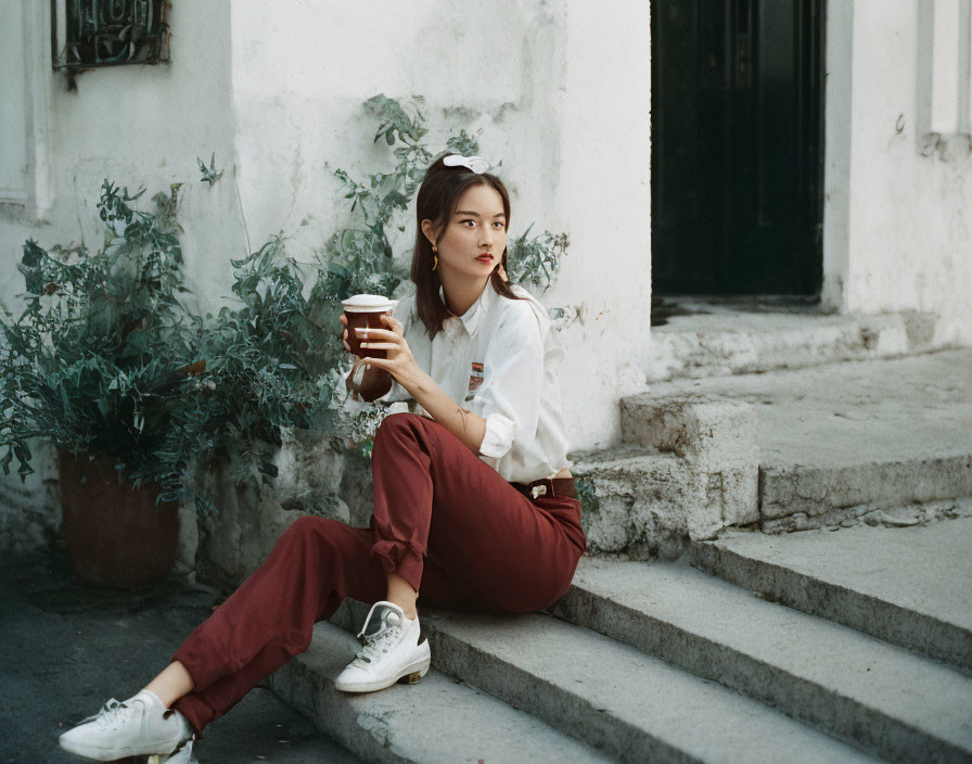 Woman sitting outdoors with coffee cup, wearing white shirt and burgundy pants