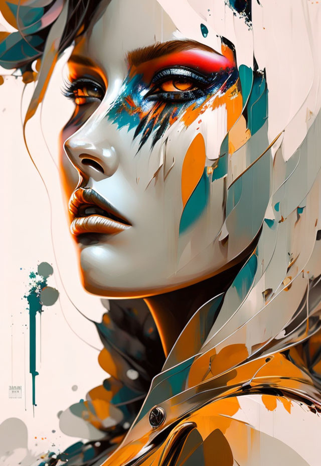 Abstract digital artwork: Woman's face with vibrant blue and orange splashes