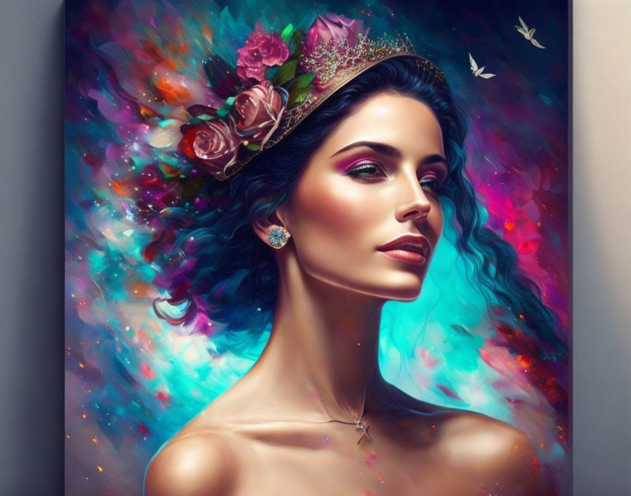 Woman with Floral Crown and Butterflies in Colorful Nebula Background