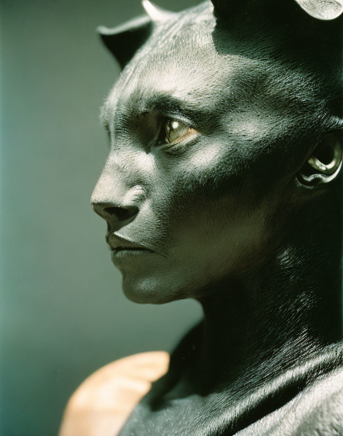 Portrait of person with black body paint and pointed ears.