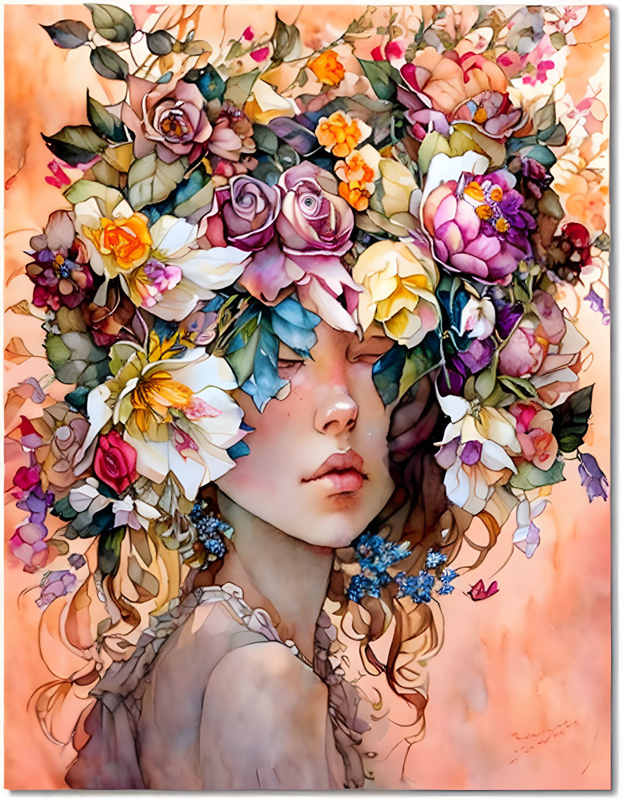 Illustration of person with floral crown and closed eyes on warm backdrop