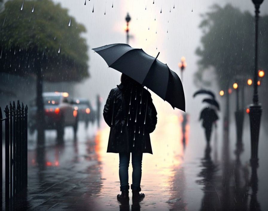 Person with umbrella on rainy street with blurred city lights.