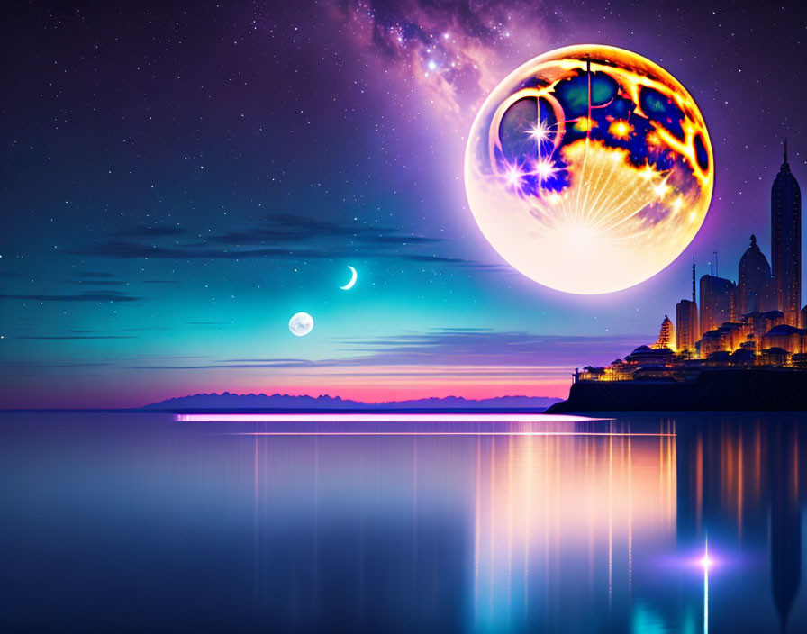 Surreal city skyline at twilight with oversized moon and glowing orb