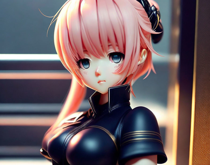 Anime-style 3D illustration of girl with pink hair in black outfit