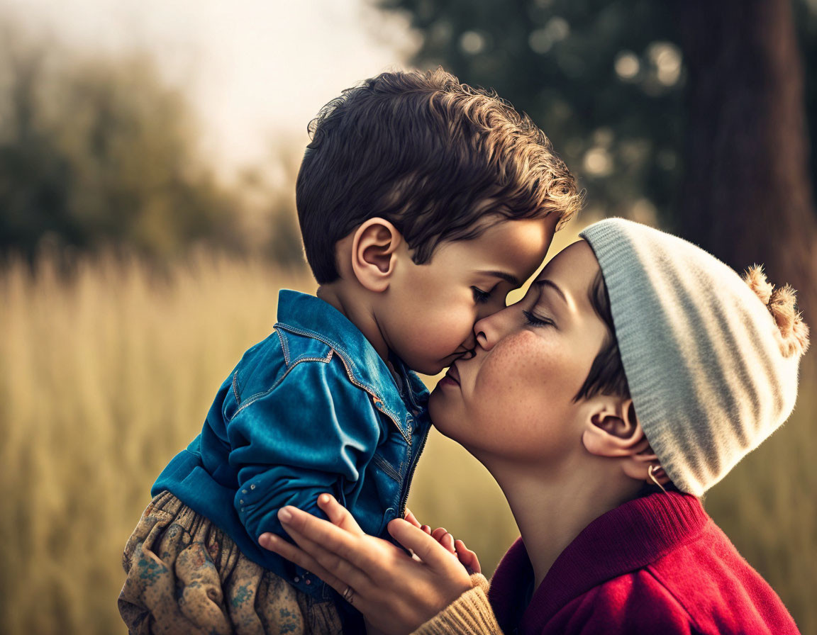 Mother affectionately kisses young son in heartwarming embrace.