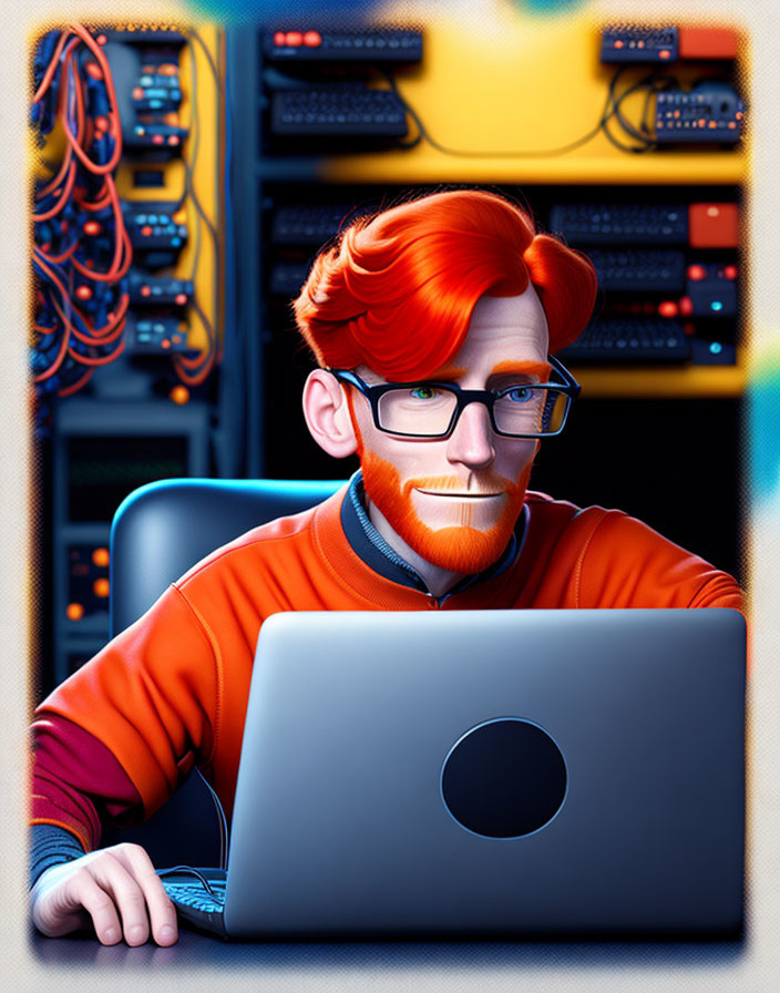 Illustration of man with red hair and glasses working on laptop with servers and cables.