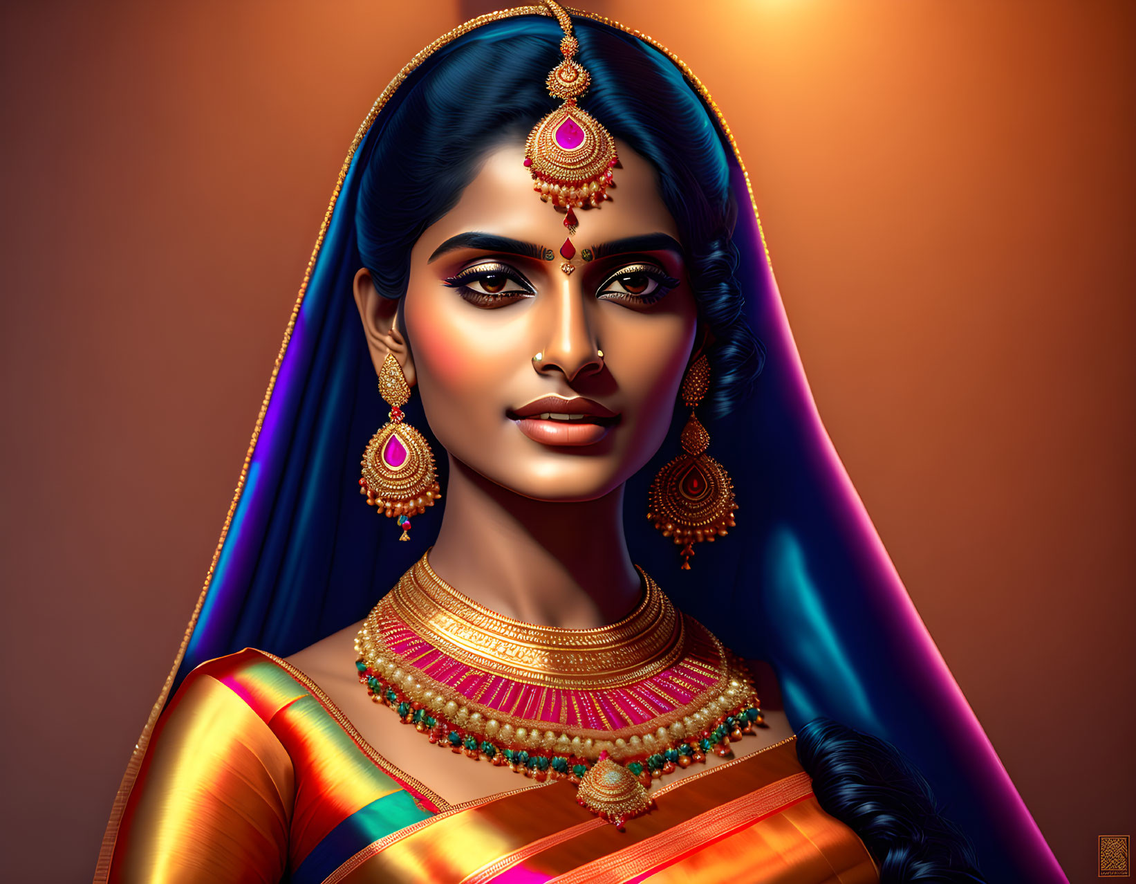 Traditional Indian Attire Illustration with Vibrant Saree