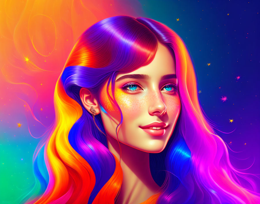 Colorful digital portrait of woman with rainbow hair and cosmic background