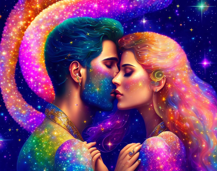 Man and woman with cosmic hair embrace in deep space surrounded by stars and nebulae.