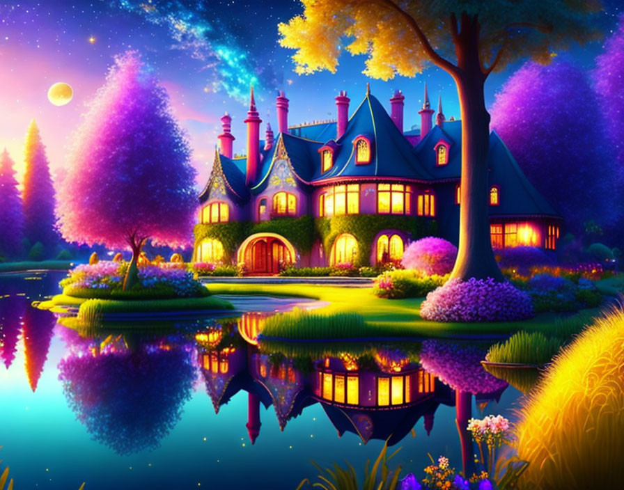 Colorful Twilight Mansion Illustration with Crescent Moon