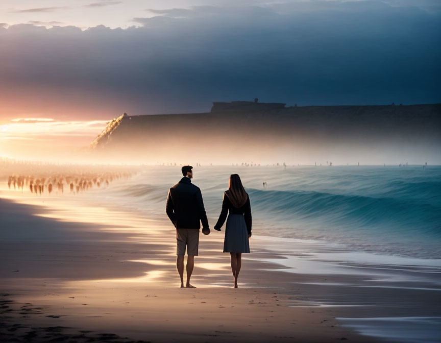 Couple walking on beach at sunset with misty landscape