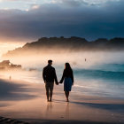 Couple walking on beach at sunset with misty landscape