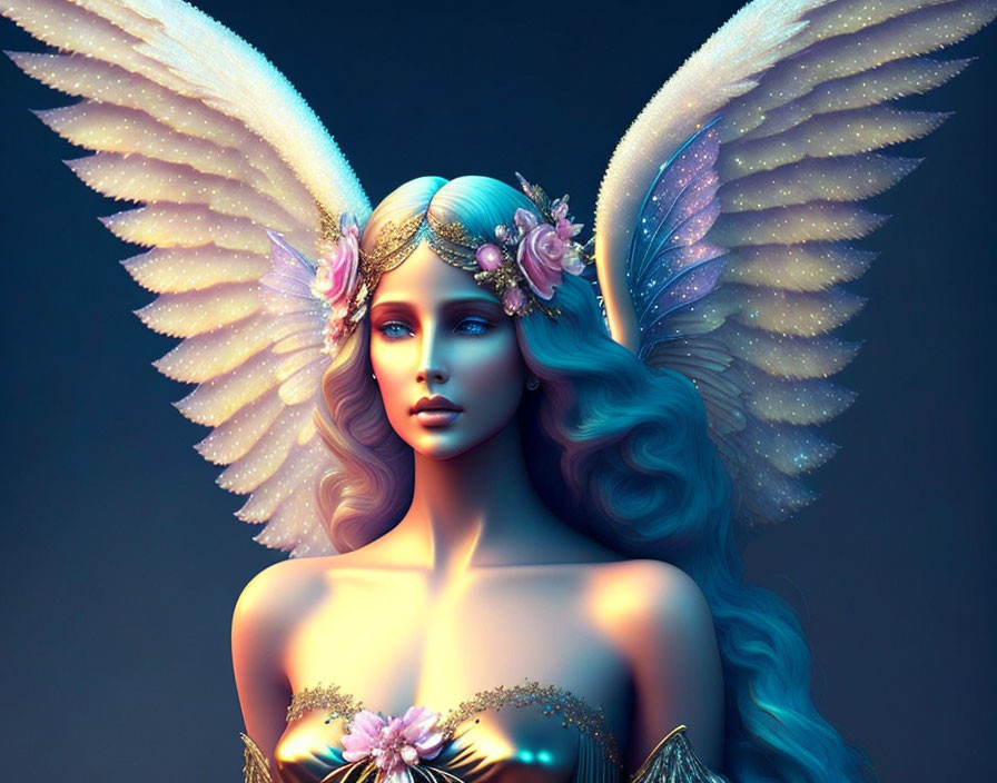 Ethereal female figure with intricate wings and floral hair.