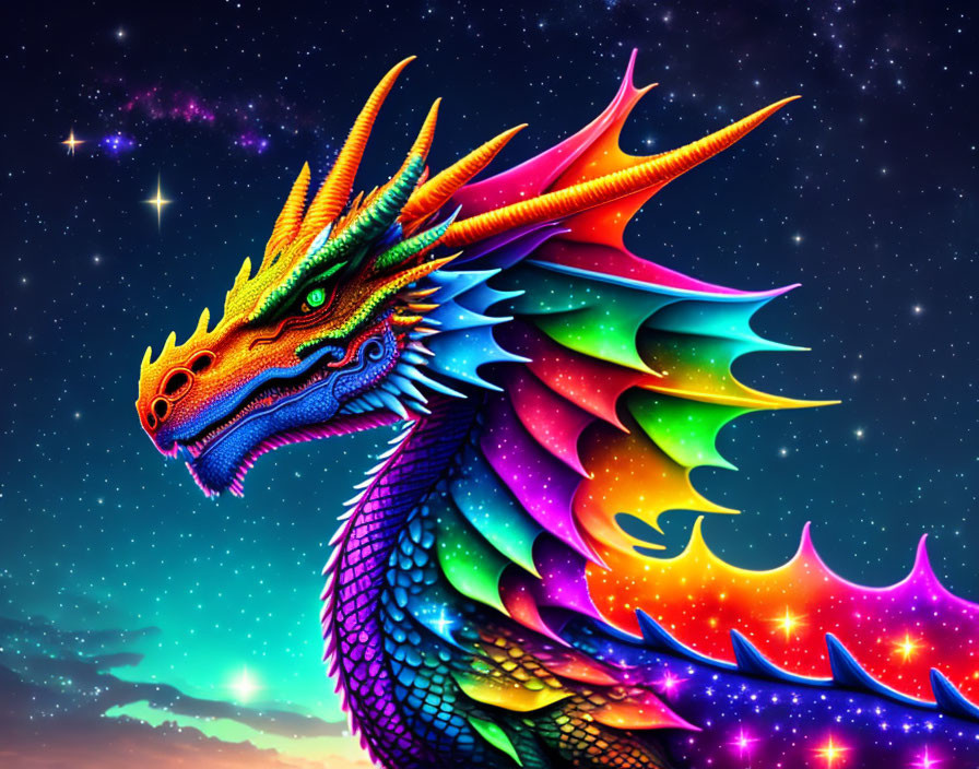 Colorful Dragon Artwork with Rainbow Hues on Starry Night Sky