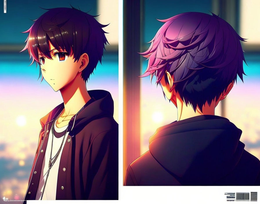 Anime-style young male character with purple hair and black jacket in profile and front views against sunset background